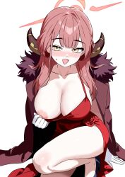 1girl absurdres aru_(blue_archive) aru_(dress)_(blue_archive) black_shoes blue_archive blush breasts brown_coat brown_horns coat coat_on_shoulders commentary demon_horns dress fur-trimmed_coat fur_trim gloves gubee halo highres horns large_breasts long_hair looking_at_viewer nipples nose_blush official_alternate_costume on_one_knee one_breast_out open_mouth orange_eyes orange_halo pink_hair pink_halo red_dress shoes side_slit simple_background smile solo strapless strapless_dress sweat thighs white_background white_gloves
