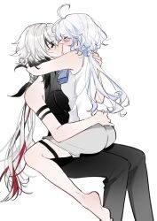 2girls ahoge arlecchino_(genshin_impact) artist_request ascot bare_shoulders barefoot black_eyes black_hair black_pants black_tank_top blue_ascot blue_hair blush breasts closed_eyes feet_out_of_frame french_kiss furina_(genshin_impact) genshin_impact grey_shorts hair_ornament hand_on_another&#039;s_back highres hug kiss long_hair looking_at_another low_ponytail low_twintails medium_breasts multicolored_hair multiple_girls pants ponytail red_hair red_pupils shorts simple_background sitting sitting_on_person streaked_hair symbol-shaped_pupils tank_top thigh_strap twintails two-tone_hair white_background white_hair white_tank_top x-shaped_pupils yuri