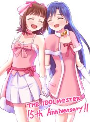 2girls absurdres amami_haruka anniversary bare_shoulders blue_hair breasts brown_hair capelet choker cleavage closed_eyes commentary_request cowboy_shot cute_&amp;_girly_(idolmaster) dress gloves hair_ribbon happy happy_tears highres holding_hands idolmaster idolmaster_(classic) idolmaster_1 kisaragi_chihaya long_hair multiple_girls nayan70 open_mouth pink_capelet pink_choker pink_dress pink_ribbon ribbon short_hair simple_background sleeveless sleeveless_dress smile snow_strawberry_(idolmaster) tears very_long_hair white_background white_gloves
