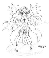 1girl arms_up back_bow bow breasts closed_mouth commentary_request cone_horns dress fake_horns frilled_thigh_strap full_body garter_straps greyscale hairband high_priest_(ragnarok_online) horns juliet_sleeves kamui_setsuna large_breasts long_hair long_sleeves looking_at_viewer monochrome pelvic_curtain puffy_sleeves ragnarok_online reaching sash shoes simple_background small_horns smile solo thigh_strap thighhighs