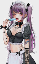 10_plus 1girl absurdres apron arm_tattoo black_bow black_bustier black_collar black_nails black_skirt blush bow breasts bustier butterfly_tattoo chest_tattoo cleavage collar collarbone commentary cowboy_shot crop_top cross cross_earrings cross_tattoo ear_piercing earrings fake_nails fangs fingernails food frilled_sleeves frills heart heart_earrings heart_tattoo highres holding holding_food jewelry long_hair looking_at_viewer maid maid_apron maid_headdress melting midriff nail_polish navel open_mouth original piercing pink_eyes popsicle puffy_short_sleeves puffy_sleeves purple_hair short_sleeves simple_background skirt small_breasts solo tattoo tongue tongue_out twintails twitter_username waist_apron white_apron white_background wrist_bow