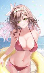 1girl absurdres ahoge bare_arms bare_shoulders beach bikini blurry blurry_background breasts brown_hair cleavage commentary commission cowboy_shot green_eyes grin hairband halterneck head_tilt highres indie_virtual_youtuber innertube large_breasts long_hair looking_at_viewer miori_celesta navel outdoors red_bikini skeb_commission smile solo standing stomach string_bikini swim_ring swimsuit virtual_youtuber wakaunderblade7