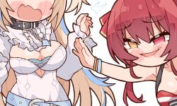 2girls bikini blonde_hair blush breast_focus breasts chibi cleavage cleavage_cutout clothing_cutout dress fuwawa_abyssgard fuwawa_abyssgard_(1st_costume) highres hololive hololive_english houshou_marine kukie-nyan large_breasts long_hair multiple_girls red_bikini red_eyes red_hair simple_background smug surprised swimsuit twintails virtual_youtuber white_background white_dress yellow_eyes