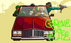 afro bag big_smoke bridge building burger car car_interior carl_johnson cosplay driving eating fake_nose fast_food glasses graffiti grand_theft_auto grand_theft_auto:_san_andreas green_hat green_shirt gun hat motor_vehicle nodeyama_nodesuke palm_tree rockstar ryder_(grand_theft_auto) shirt submachine_gun sunglasses sweet_(grand_theft_auto) tree weapon