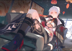 1girl alpha_(pgr) alternate_costume asymmetrical_legwear breasts center_opening cleavage cleavage_cutout clothing_cutout coat couch ear_piercing earrings flower_tattoo fur-trimmed_coat fur_trim hair_between_eyes hair_ornament hairpin heterochromia high_heels highres jewelry looking_at_viewer lucia:_crimson_weave_(pgr) lucia:_crimson_weave_(tsubaki)_(pgr) medium_breasts official_alternate_costume on_couch piercing pinlin punishing:_gray_raven red_eyes sitting solo stomach_tattoo tattoo white_background yellow_eyes