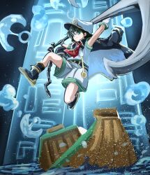 1girl alinoce716 anchor anchor_symbol belt black_belt black_coat black_hair black_shoes boat coat coat_on_shoulders gloves gold_trim green_hair hat highres holding holding_anchor jumping ladle murasa_minamitsu necktie red_necktie sailor_hat shirt shoes short_hair short_sleeves shorts smile solo sunken_fossil_world touhou water watercraft white_gloves white_hat white_shirt white_shorts