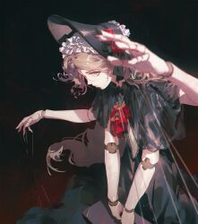 1girl absurdres ascot black_background black_bonnet black_capelet black_dress blonde_hair blue_gemstone bonnet capelet character_request dino_(dinoartforame) doll_joints dress extra_arms gem grey_eyes highres joints looking_at_viewer medium_hair puppet_strings red_ascot red_background silver_and_blood solo string two-tone_background