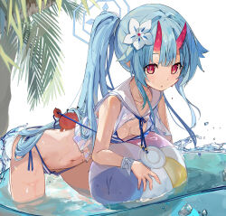 ball beachball bent_over bikini blue_archive blue_bikini blue_flower blue_hair blue_halo breasts chise_(blue_archive) cleavage commentary_request crab flower hair_flower hair_ornament halo highres horns long_hair miyakawa106 multicolored_bikini paid_reward_available palm_tree partially_submerged ponytail sailor_collar small_breasts striped_bikini striped_clothes swimsuit tree wet white_bikini white_sailor_collar