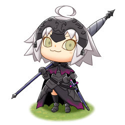 Rule 34 | &gt;:3, 1girl, ahoge, animal crossing, armor, banner, black legwear, blush stickers, cape, chibi, commentary request, fate/grand order, fate (series), female focus, full body, green eyes, grey hair, headpiece, jeanne d&#039;arc (fate), jeanne d&#039;arc alter (avenger) (fate), jeanne d&#039;arc alter (fate), nintendo, over shoulder, parody, sheath, sheathed, short hair, simple background, solo, style parody, suzuri (tennenseki), sword, weapon, weapon over shoulder, white background