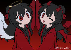 2boys ;d absurdres angel angel_and_devil angel_wings black_background black_hair black_hanfu ch189615 chinese_clothes closed_mouth coat dao_gui_yi_xian demon demon_boy demon_horns demon_wings dual_persona fang feathered_wings gradient_background hair_bun hair_ribbon halo hanfu highres horns li_huowang long_hair long_sleeves looking_at_viewer male_focus multiple_boys one_eye_closed open_mouth red_background red_coat red_eyes red_horns red_ribbon red_wings ribbon single_hair_bun smile traditional_halo upper_body watermark weibo_watermark white_wings wings