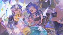 Rule 34 | 1boy, 1girl, 3others, aqua shirt, aquan error, backpack, bag, black pants, black shoes, black shorts, blue bag, blue hair, blue tongue, bracelet, cellphone, colored tongue, commentary, commission, crying, crying with eyes open, eyewear on head, flip phone, gradient hair, grey hair, grey shirt, head wreath, highres, holding, holding phone, holding stuffed toy, inkling, inkling girl, inkling player character, jellyfish (splatoon), jewelry, looking at viewer, medium hair, multicolored hair, multiple others, nintendo, octoling, octoling boy, octoling player character, pants, parted bangs, phone, pointing, pointing at viewer, pointy ears, purple hair, red eyes, shirt, shoes, short hair, short sleeves, shorts, splatoon (series), stuffed toy, sunglasses, t-shirt, tears, tentacle hair, watermark, yellow eyes