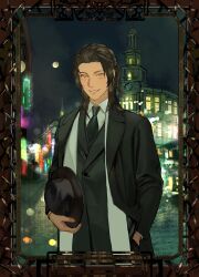 1boy absurdres architecture axis_powers_hetalia black_coat black_hair black_hat black_jacket black_necktie black_sky border brown_border building buttons china_(hetalia) city coat collared_shirt formal_clothes full_moon hand_in_pocket hat highres holding holding_unworn_clothes holding_unworn_hat jacket lapels long_hair long_sleeves looking_at_viewer low_ponytail male_focus moon necktie night night_sky open_clothes open_coat outdoors picture_frame ponytail road shirt sky smile solo standing suit suit_jacket teeth two-sided_coat two-sided_fabric unworn_hat unworn_headwear white_coat white_shirt window yellow_eyes zhongerweiyuan