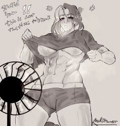 Rule 34 | abs, anger vein, blush, breasts, clothes lift, commentary, dripping, electric fan, english commentary, english text, from below, hair between eyes, heterochromia, highres, hot, large breasts, looking afar, makdraw25, monochrome, multicolored hair, muscular, muscular female, original, parted bangs, parted lips, ponytail, shirt, shirt lift, short ponytail, shorts, signature, simple background, sketch, sweat, t-shirt, thighs, two-tone hair, underboob
