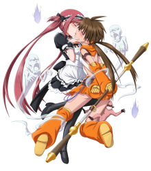 2girls airi_(queen&#039;s_blade) airi_(queen&#039;s_blade) airi_(the_infernal_temptress) apron bdsm black_legwear blush bondage bound bow brown_hair closed_eyes elf forest_keeper_nowa french_kiss frills ghost hair_bow highres hobby_japan kiss long_hair maid maid_apron maid_headdress monkey multiple_girls nowa_(queen&#039;s_blade) nowa_(queen&#039;s_blade) pointy_ears queen&#039;s_blade queen&#039;s_blade_lost_worlds red_hair restrained ruu_(queen&#039;s_blade) shirosame skirt staff tears thighhighs twintails yuri