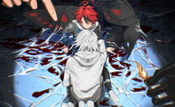 2boys absurdres aotsuki_eito black_butterfly black_gloves blood blood_on_ground blurry bug butterfly fire gloves grey_hair highres insect jacket kilo782524 kneeling lighter male_focus multicolored_hair multiple_boys no_eyes out_of_frame outdoors outstretched_arm oversized_insect red_hair short_hair silk sitting spider_web spoilers streaked_hair sumino_takumi the_hundred_line_-last_defense_academy- trapped white_jacket