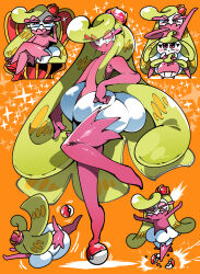 Rule 34 | 1girl, 3girls, angry, back, bounsweet, chibi, colored skin, crown, fell down, flat chest, full body, gen 7 pokemon, glasses, green hair, high heels, kafun, long hair, looking down, multiple girls, nintendo, one leg raised, orange background, pink eyes, pink skin, plant hair, poke ball, pokemon, sitting, steenee, stepped on, thighhighs, tsareena