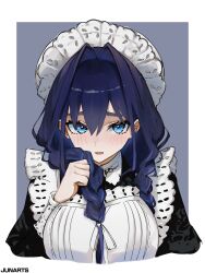 1girl apron artist_name black_dress blue_eyes blue_hair blush border braid dress frilled_apron frills furrowed_brow grey_background hair_between_eyes hair_intakes hair_ribbon hashtag-only_commentary highres holding holding_own_hair hololive hololive_english junarts looking_at_viewer low_twin_braids maid maid_headdress ouro_kronii ouro_kronii_(maid) outside_border ribbon solo straight-on twin_braids upper_body virtual_youtuber white_apron white_border white_ribbon