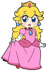 1girl bkub blonde_hair blue_brooch blue_eyes blue_gemstone blush brooch clothes_lift commentary_request crown deformed dot_nose double-parted_bangs dress dress_lift earrings elbow_gloves eyelashes full_body gem gloves hair_between_eyes highres jewelry lifting_own_clothes long_hair mario_(series) nintendo open_mouth pink_dress pink_lips princess princess_peach puffy_short_sleeves puffy_sleeves red_shoes shoes short_sleeves simple_background solo sphere_earrings white_background white_gloves