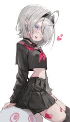 Rule 34 | 1girl, absurdres, ahoge, alternate costume, bandaid on thigh, black choker, black sailor collar, black serafuku, black shirt, black skirt, black survival, black thighhighs, blue eyes, choker, colored eyelashes, crop top, crop top overhang, eternal return: black survival, eyepatch, face piercing, grey hair, hair over one eye, hairband, heart, highres, kerno, long sleeves, looking at viewer, medical eyepatch, medium hair, midriff, mouth piercing, navel, neckerchief, open mouth, piercing, pleated skirt, red neckerchief, sailor collar, school uniform, serafuku, shirt, simple background, sissela kyle, sitting, skirt, solo, thighhighs, tongue, tongue out, white background, white eyelashes, wilson (black survival), zettai ryouiki