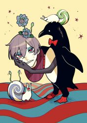 1girl absurdres animal bird creature grey_hair highres holding_detached_head looking_at_viewer momomo_906 original penguin red_eyes severed_head short_hair yellow_background