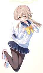 Rule 34 | 1girl, absurdres, black pantyhose, black sailor collar, blue archive, blue skirt, blush, breasts, brown hair, cardigan, cobe, hair between eyes, halo, hifumi (blue archive), highres, long hair, long sleeves, looking at viewer, open mouth, pantyhose, pleated skirt, sailor collar, shoes, simple background, skirt, smile, solo, upper body, white background, white cardigan, white shoes, yellow eyes, yellow halo