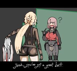 2girls ? ass blonde_hair english_text female_commander_(girls&#039;_frontline) girls&#039;_frontline girls&#039;_frontline_2:_exilium holding holding_jacket holding_unworn_clothes jacket long_hair metal_gear_(series) metal_gear_solid multiple_girls ots-14_(girls&#039;_frontline) ping_sama pink_hair pointing pointing_at_self short_hair unworn_jacket yuri