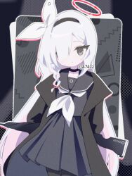 Rule 34 | 1girl, anzen robo (474zz), arms behind back, black background, black choker, black coat, black eyes, black hairband, black pantyhose, black sailor collar, black serafuku, black shirt, black skirt, blouse, blue archive, bow, bow hairband, braid, choker, closed mouth, coat, cowboy shot, expressionless, flat chest, front braid, hair over one eye, hairband, halo, high-waist skirt, holding, holding sword, holding weapon, long hair, long sleeves, looking at viewer, multicolored hair, neckerchief, off shoulder, outline, pantyhose, pink hair, pink pupils, pink streaks, plana (blue archive), pleated skirt, polka dot, polka dot background, red halo, sailor collar, school uniform, serafuku, shirt, short braid, skirt, solo, standing, straight hair, streaked hair, sword, twitter username, two-tone hair, weapon, white bow, white hair, white neckerchief, white outline