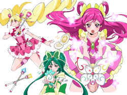 3girls akimoto_komachi back_bow blonde_hair boots bow brooch bug butterfly butterfly_hair_ornament choker corset cure_dream cure_mint cure_peach detached_sleeves dress earrings floating_hair fresh_precure! frills green_dress green_eyes green_hair hair_ornament hair_rings heart heart_earrings heart_hair_ornament highres holding holding_wand in-franchise_crossover insect jewelry layered_skirt long_hair magical_girl miniskirt momozono_love multiple_girls pink_boots pink_corset pink_eyes pink_hair pink_skirt pleated_skirt pouch precure puffy_short_sleeves puffy_sleeves shirako_love shirt short_sleeves shorts shorts_under_skirt simple_background skirt sleeveless twintails two_side_up very_long_hair wand white_background white_shirt white_skirt wrist_cuffs yellow_skirt yumehara_nozomi