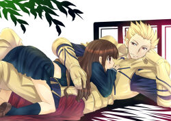 armor black_serafuku black_socks blonde_hair brown_eyes brown_hair earrings fate/extra fate/extra_ccc fate_(series) gilgamesh_(fate) girl_on_top gold_armor gold_earrings hug jewelry kishinami_hakuno_(female) loafers looking_at_another midriff_peek on_bed school_uniform serafuku shoes socks straight_hair urako