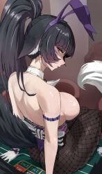 1girl animal_ear_fluff animal_ears azur_lane backless_leotard bow breasts facial_mark fishnet_pantyhose fishnets fox_ears fox_girl fox_tail from_behind glove_bow gloves high_ponytail highres large_breasts leotard long_hair looking_back musashi_(azur_lane) musashi_(the_purple_rabbit&#039;s_marksmanship)_(azur_lane) official_alternate_costume pantyhose playboy_bunny poker_chip ponytail purple_bow purple_leotard rabbit_ears rawoon_d sideboob sideways_glance sitting solo strapless strapless_leotard tail very_long_hair white_gloves yellow_eyes