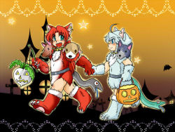 2girls ahoge animal_ears animal_hands aqua_eyes bat_(animal) belt blue_eyes blush boots braid claws collar costume dog_ears earrings fangs forked_tongue fur_boots gloves halloween halloween_costume holding_hands hong_meiling izayoi_sakuya jack-o&#039;-lantern jewelry long_hair multiple_girls no_headwear open_mouth paw_gloves paw_shoes pointy_ears pumpkin radish red_hair shoes short_hair smile snake star_(symbol) tongue torazima touhou twin_braids
