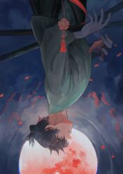 Rule 34 | 1boy, black hair, black hakama, blue eyes, blue kimono, command spell, dark, fate/samurai remnant, fate (series), full moon, hakama, highres, japanese clothes, katana, kikuyoshi (tracco), kimono, looking up, miyamoto iori (fate), moon, red moon, sheath, sheathed, solo, sword, topknot, upside-down, weapon