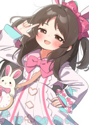 1girl absurdres animal_bag animal_ears bag blush bow bowtie brown_eyes brown_hair center_frills collared_dress commentary_request cross-laced_clothes cross-laced_sleeves dress fake_animal_ears frills hair_bow hand_on_own_hip hand_up highres idolmaster idolmaster_cinderella_girls index_finger_raised long_hair long_sleeves looking_at_viewer matanukinuki open_mouth pink_bow pink_bowtie rabbit_bag rabbit_ears shoulder_bag sleeve_bow smile solo sweat tachibana_arisu teeth two_side_up upper_body upper_teeth_only white_background white_bow white_dress