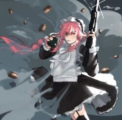 Rule 34 | 1boy, alternate costume, androgynous, animification, apron, bishounen, black dress, braid, braided ponytail, bullet, commentary, cowboy shot, crossdressing, crossdressing (mtf), dress, english commentary, enmaided, explosive, front braid, grenade, gun, hair between eyes, hairband, highres, holding, holding grenade, holding gun, holding weapon, humanization, jelly (jelllios1), lolita hairband, long hair, looking at viewer, maid, male focus, male maid, meme, minecraft youtube, pink hair, pointy ears, red eyes, solo, standing, technoblade, technomaid (meme), variant set, very long hair, weapon, white apron