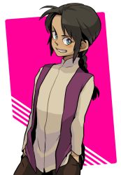 1boy ahoge badrinath_harchand black_hair blouse blue_eyes blush_stickers braid braided_ponytail cowboy_shot dark-skinned_male dark_skin dramatica grin hand_in_pocket kidou_keisatsu_patlabor long_hair looking_at_viewer pants pink_background ponytail shirt sidelocks smile solo untucked_shirt vest white_shirt