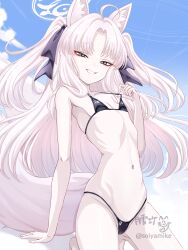 1girl ahoge animal_ear_fluff animal_ears artist_name bare_arms bare_shoulders bikini black_bikini blue_archive blue_sky breasts cloud day groin halo highres kuzunoha_(blue_archive) looking_at_viewer micro_bikini navel outdoors pale_skin petite ribs sky small_breasts smile solo stomach string_bikini swimsuit tsukiyuki_mike
