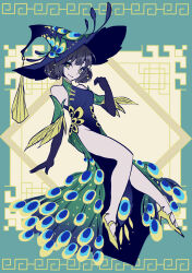 Rule 34 | 1girl, black hair, blue dress, blue hat, brown dust (series), brown dust 2, chinese clothes, closed mouth, detached sleeves, double bun, dress, eyebrows hidden by hair, full body, green background, green dress, groin, hair between eyes, hair bun, hat, highres, large hat, looking at viewer, meander, peacock feathers, scheherazade (brown dust), shoes, side slit, sleeveless, sleeveless dress, smile, solo, tn scallion, two-tone dress, witch hat, yellow eyes, yellow shoes