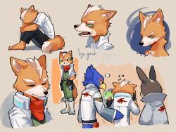 animal_ears animal_nose bandana beak bird_boy brown_background brown_fur closed_eyes closed_mouth commentary crying crying_with_eyes_open english_commentary falco_lombardi fox_boy fox_ears fox_mccloud fox_tail furry furry_male green_eyes hand_on_another&#039;s_back highres jacket knees_up male_focus multiple_views nintendo open_clothes open_jacket open_mouth peppy_hare pruh rabbit_boy rabbit_ears red_bandana signature simple_background sitting slippy_toad snout star_fox tail tears trembling white_jacket