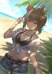 1girl alternate_costume animal_ears beach beruu bikini bikini_under_clothes black_bikini blue_eyes blush breasts brown_hair cheval_grand_(umamusume) cleavage closed_mouth commentary_request dappled_sunlight day denim denim_shorts hair_intakes highres horse_ears horse_girl horse_tail large_breasts multicolored_hair outdoors shirt short_hair shorts solo streaked_hair sunlight swimsuit tail thighs tied_shirt umamusume white_shirt white_streaks