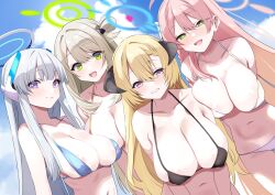 4girls absurdres akari_(blue_archive) areola_slip bikini black_bikini blonde_hair blue_archive blue_bikini blue_halo blue_sky breasts brown_hair cleavage closed_mouth covered_erect_nipples day green_eyes green_halo grey_eyes grey_hair grin hair_between_eyes halo hanako_(blue_archive) highres huge_breasts large_breasts looking_at_viewer multiple_girls navel noa_(blue_archive) nonomi_(blue_archive) open_mouth pink_hair pink_halo purple_eyes sky smile swimsuit tonomiya68 white_bikini