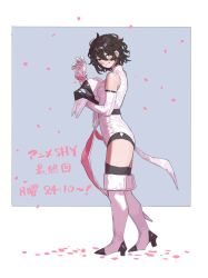 1girl absurdres bare_shoulders belt black_belt black_hair black_thighhighs blush boots breasts bukimi_isan cosplay from_side grey_background hair_between_eyes hand_up high_heel_boots high_heels highres holding_hood leotard momijiyama_teru petals short_hair shy_(character) shy_(character)_(cosplay) shy_(series) small_breasts smile thigh_boots thighhighs translation_request two-tone_background white_leotard