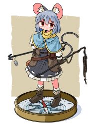 Rule 34 | 1girl, absurdres, animal ears, bag, belt, blue capelet, blush, boots, border, brown belt, brown boots, brown gloves, brown jacket, capelet, closed mouth, commentary request, commission, compass, dowsing rod, dress, frilled dress, frills, full body, gloves, grey dress, grey hair, hand on own hip, highres, holding, jacket, kasuya baian, long sleeves, looking to the side, mouse (animal), mouse ears, mouse girl, mouse tail, nazrin, outside border, red eyes, ribbon-trimmed dress, ribbon trim, satchel, short hair, skeb commission, solo, standing, tail, touhou, white border