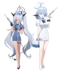 2girls absurdres ako_(blue_archive) alternate_costume ascot bell black_gloves black_ribbon black_shoes blue_archive blue_ascot blue_dress blue_eyes blue_hair blue_hat blush box closed_mouth dark-skinned_female dark_skin dress gloves grey_hair hair_between_eyes hair_over_one_eye hair_ribbon hat highres holding holding_box holding_syringe iori_(blue_archive) krrk long_hair looking_at_viewer multiple_girls neck_bell nurse open_mouth pencil_dress pointy_ears red_eyes red_ribbon ribbon shoes short_sleeves sidelocks syringe twintails white_dress white_gloves white_hat white_shoes
