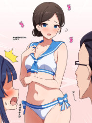 1boy 2girls absurdres bare_arms bikini black_hair blue_eyes blue_hair blue_sailor_collar blunt_bangs blush breasts cleavage collarbone commentary_request faceless faceless_female family father_and_daughter glasses hair_bun highres idolmaster idolmaster_million_live! idolmaster_million_live!_theater_days long_hair mature_female mature_male medium_breasts mei_ichi mogami_shizuka mogami_shizuka&#039;s_father_(idolmaster) mogami_shizuka&#039;s_mother_(idolmaster) multiple_girls navel open_mouth pink_background sailor_bikini sailor_collar sailor_swimsuit_(idolmaster) simple_background spitting standing swimsuit translation_request white_bikini