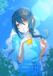 1girl absurdres black_hair blue_shirt blue_sky braid braided_ponytail chainsaw_man cup day drinking drinking_glass drinking_straw highres holding holding_cup long_hair looking_at_viewer nayuta_(chainsaw_man) orange_eyes outdoors ringed_eyes sakuranuts00 shirt sky solo