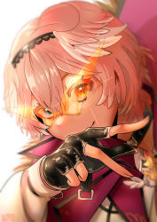 1girl absurdres artist_name bird_girl black_gloves blue_eyes choker clip_studio_paint_(medium) commentary english_commentary fingerless_gloves glasses gloves hairband head_wings headband heterochromia highres hololive l_yth long_sleeves looking_at_viewer pink_hair shirt simple_background smile solo takane_lui twitter_username virtual_youtuber white_background wings yellow_eyes