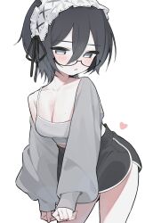 1girl absurdres black_hair breasts cardigan cleavage closed_mouth collarbone dolphin_shorts frilled_hairband frills glasses grey_cardigan grey_eyes grey_tank_top hair_between_eyes hairband half-closed_eyes heart highres hood hoodie leaning_forward light_blush lolita_hairband long_sleeves looking_down myomuron open_cardigan open_clothes open_hoodie original own_hands_together short_hair shorts simple_background sleeves_past_wrists solo spaghetti_strap tank_top v_arms white_background white_hairband