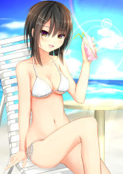 1girl absurdres bikini black_hair breasts brown_eyes chair cleavage drink glass highres kurokami_(kurokaminohito) lounge_chair original short_hair sitting swimsuit
