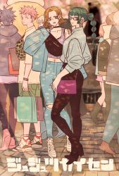 2girls 3boys animal bag black_choker black_eyes black_footwear black_hair black_hoodie black_pants blue_jacket blue_shirt blunt_bangs brown_eyes brown_hair choker closed_mouth crop_top denim earrings facial_mark facing_away full_body fushiguro_megumi glasses green_hair green_shorts handbag high-waist_pants highres holding holding_bag hood hood_down hoodie inumaki_toge itadori_yuuji jacket jeans jewelry jujutsu_kaisen kugisaki_nobara long_hair long_sleeves looking_at_viewer multiple_boys multiple_girls off_shoulder open_mouth outdoors panda panda_(jujutsu_kaisen) pants pink_hair ponytail purple_shirt satchel shirt short_hair shorts sleeves_past_wrists spiked_hair standing takeuchi_ryousuke watch white_footwear wristwatch yellow_shirt zen&#039;in_maki