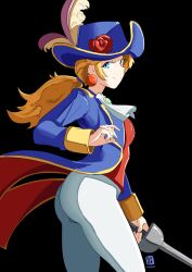 Rule 34 | 1girl, artist logo, ascot, ass, automatic giraffe, black background, blonde hair, blue coat, blue eyes, blue hat, cavalier hat, coat, cowboy shot, earrings, flower, from side, hat, hat feather, hat flower, highres, holding, holding sword, holding weapon, jewelry, logo, low ponytail, mario (series), nintendo, official alternate costume, open clothes, open coat, pants, ponytail, princess peach, princess peach: showtime!, rapier, red flower, red rose, red vest, rose, solo, sphere earrings, sword, swordfighter peach, two-sided coat, two-sided fabric, vest, weapon, white ascot, white pants, yellow trim